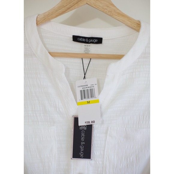 Cable & Gauge White Cotton Blouse | Short Sleeve Button Tie Front | M - Picture 2 of 6